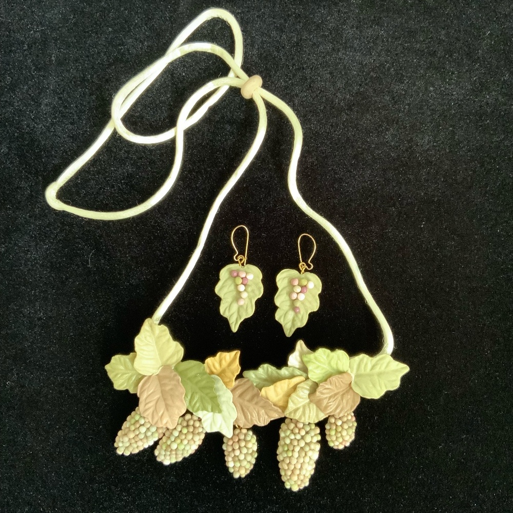Grape leaf and grape cluster necklace and earring set.